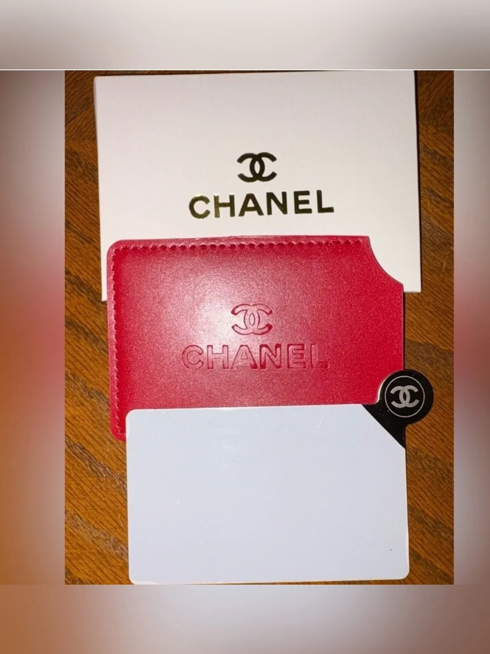 NIP CHANEL Red Embossed Leather Holder Compact Mirror